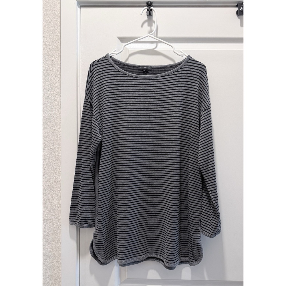 Eileen Fisher Stripe Tencel Lyocell Tunic XS Gray Black Minimalist Normcore Boxy
